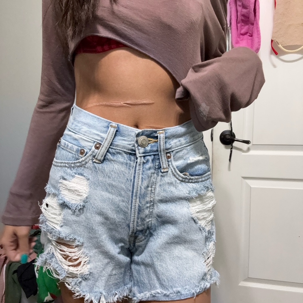Distressed Light Blue Denim Shorts